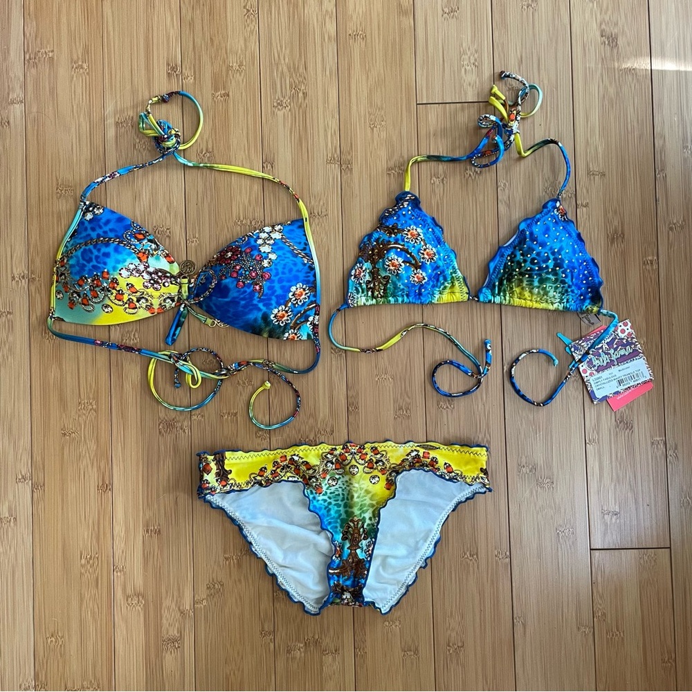 Luli Fama Blue Yellow Bikini Set with 2 Tops and 1 bottom Small - Picture 2 of 12
